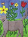 Grå katt på blomsteräng, vykort.2.jpg
